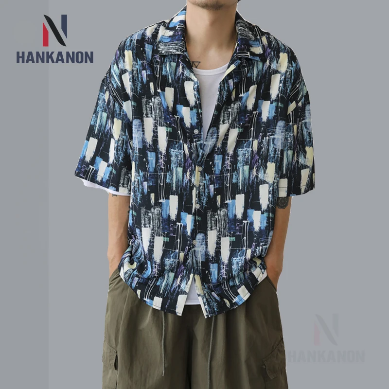 Camicia a maniche corte Unisex, camicia a mezza manica corta estiva da uomo allentata in stile pigro con senso di nicchia da campeggio all'aperto oversize