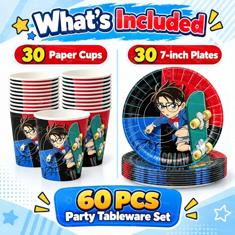 60pcs Detective Conan Birthday Decoration Kitchen Decoration Tablewares Plates Disposable Paper Cups Baby Shower