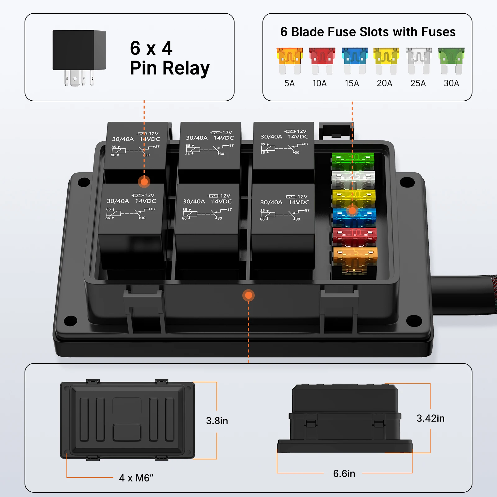 Heavy Duty Waterproof Fuse Relay Box 12V 6 Way Car Marine Plastic Relay Sockets Box Pre-wired For Universal Automotive