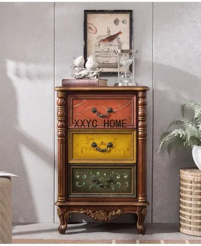 

American-Style Solid Wood Bedroom Storage Cabinet Locker Retro Living Room Rubber Wood Wall Cabinet