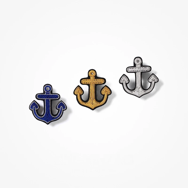 Anchor Badge India Silk Cannetille Embroidery Bullion Wire Patch Brooch Pin Garment Bag Hat Applique Boho Punk Fashion Accessory