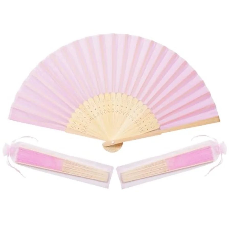 

50pcs pink Imitated Silk Fabric Bamboo Folded Hand Fan Bridal Dancing Props Church Wedding party favors with Organza Bags