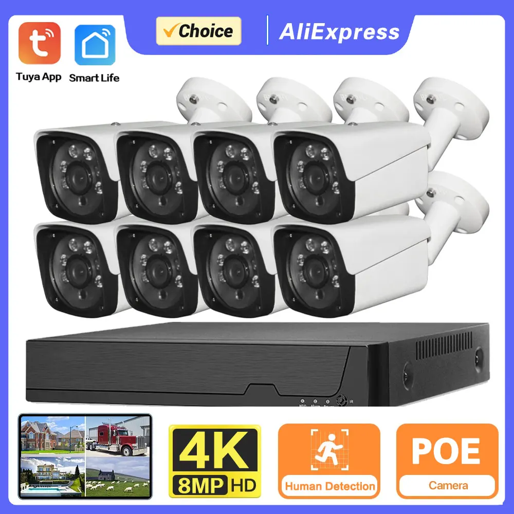 

8CH TUYA Network 4K POE Security Camera System Smart Life Home Audio Waterproof Motion Detection 8MP NVR CCTV Surveillance Kit