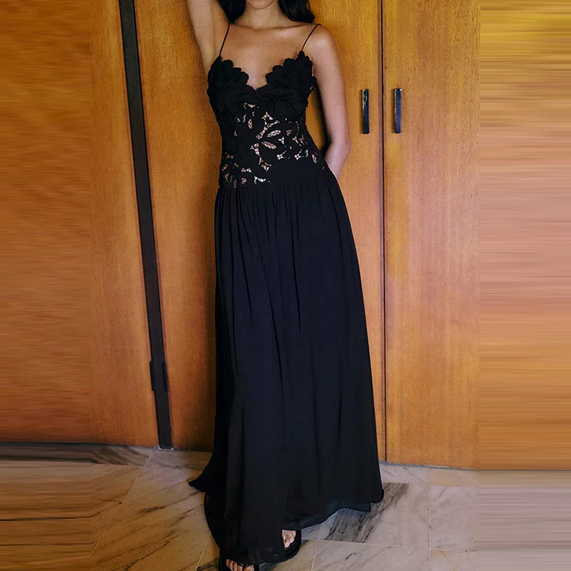 Senhora elegante retalhos drapeado sólido vestido de festa moda fora do ombro sem mangas vestido sexy renda bordado estilingue vestido longo