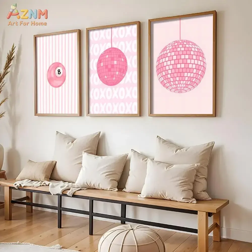 AZNM Pink Disco Ball 8 Ball Dice Canvas Wall Art Retro Preppy Striped Print Unframed Canvas Painting Bedroom Trendy Decor