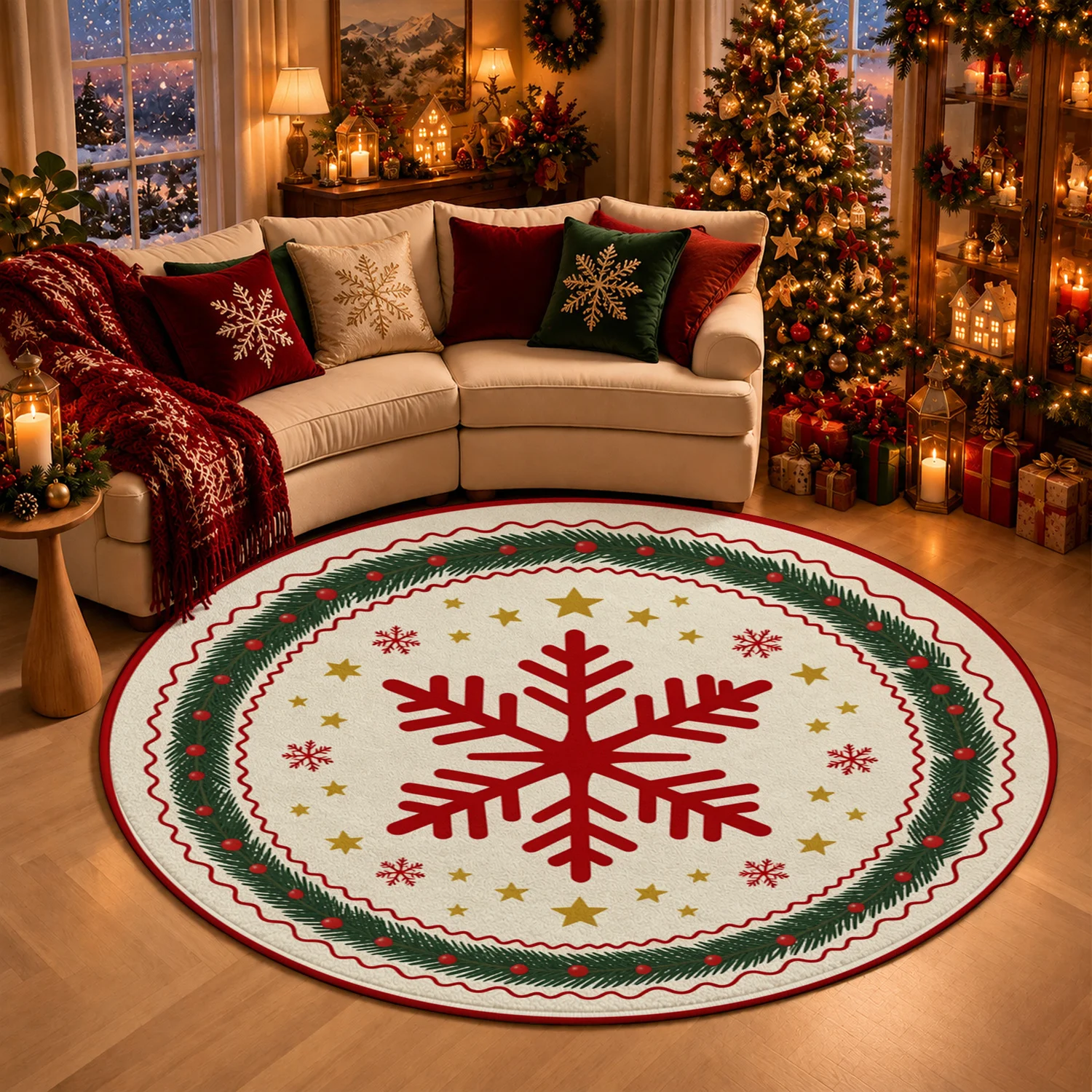 Red Snowflake Green Garland Star Pattern Round Velvet Rug Machine Washable for Living Room Dining Room Bedroom Halloween Thanksgiving Black Friday Cyber Monday Christmas New Year