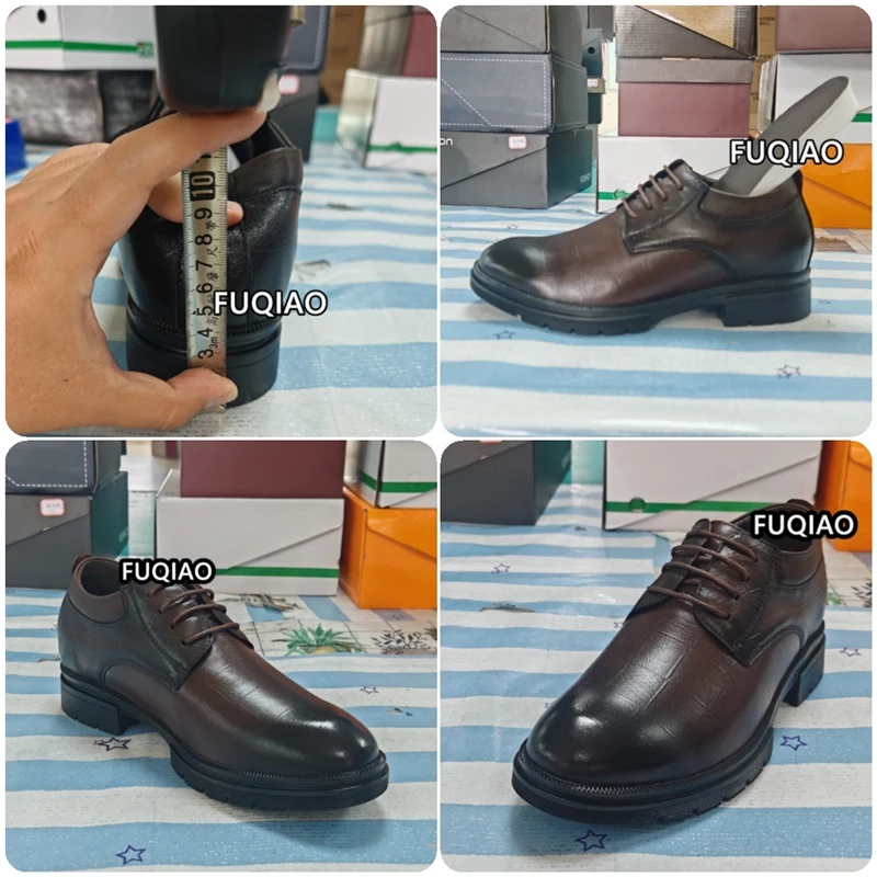Men Genuine Cowhide Hidden Heel 7cm Invisible Height Lift Shoes Classic Business Big Size Wedding Commute Formal Elevator Shoes
