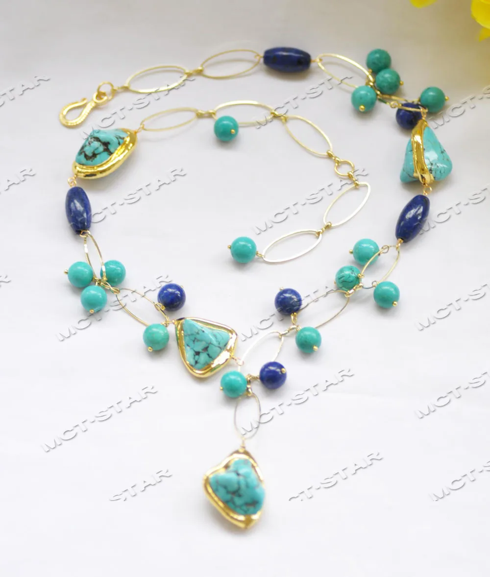 Z12654 Set 25mm Green Baroque Turquoise Blue Lapis Lazuli Gold-Plated Chain Necklace Bracelet Earring