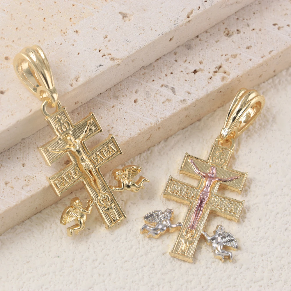 Shengroolin Tri Color Gold Plated Religious Catholic Caravaca Crucifix Cross Charm Pendant with Angel