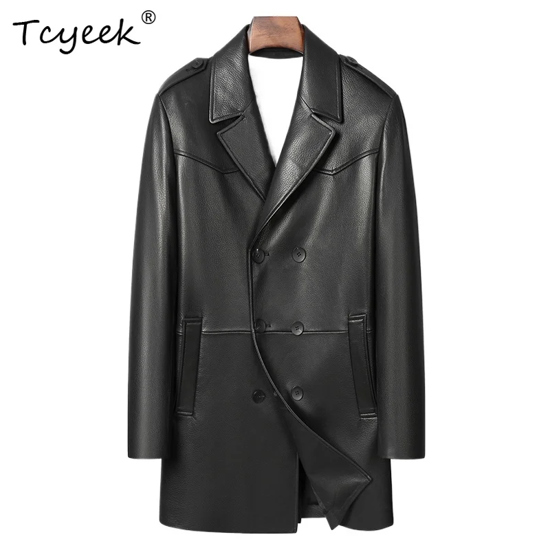 

Tcyeek верхний слой из козьей кожи, весна-осень, модный костюм с воротником, черная мужская куртка средней длины из натуральной кожи Jaquetas Masculino