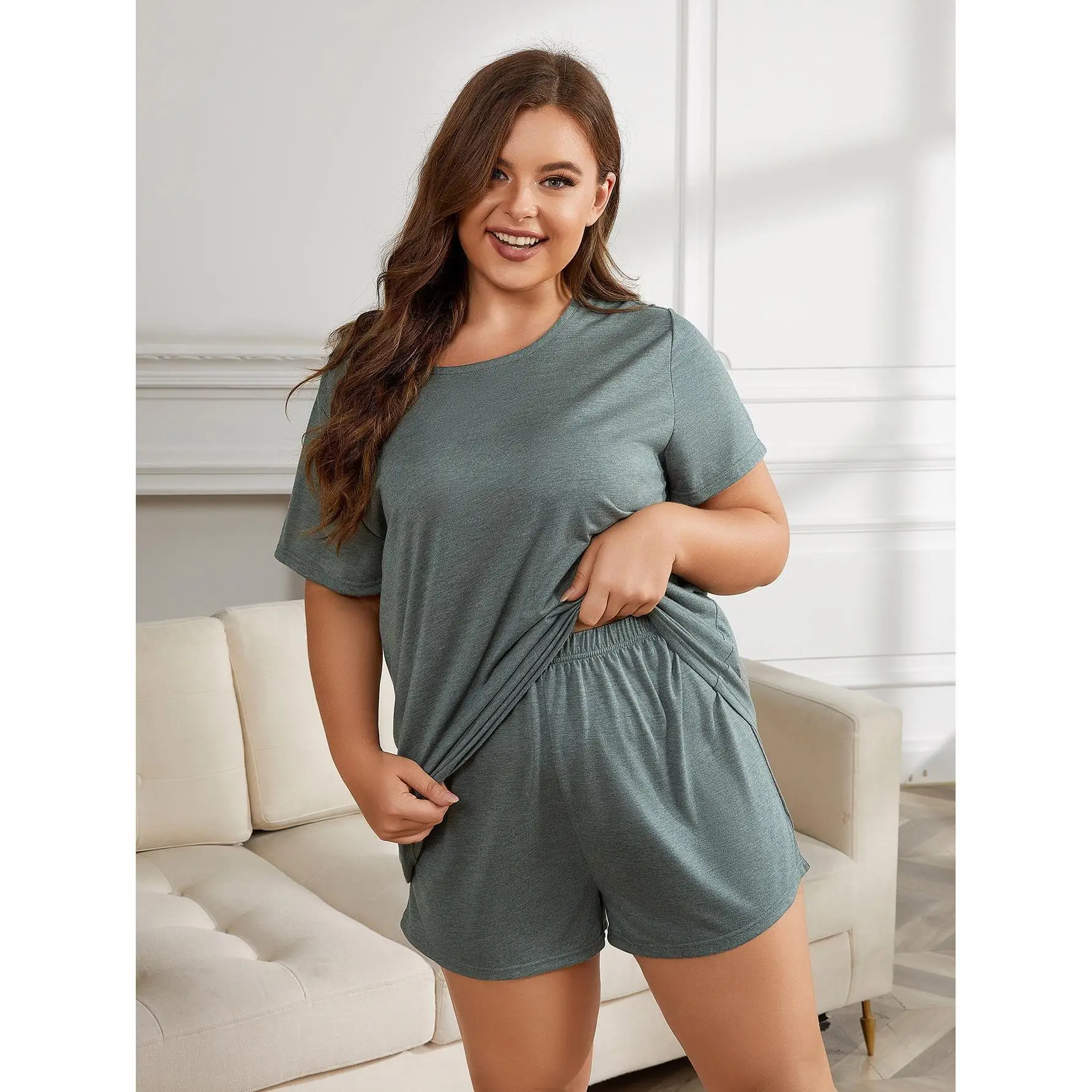 Plus Size XL-5XL Pajamas Suit Fat Girl Summer Solid Color Short Sleeved Shorts Two-Piece Sleepwear Loose Casual Home Clothes 4
