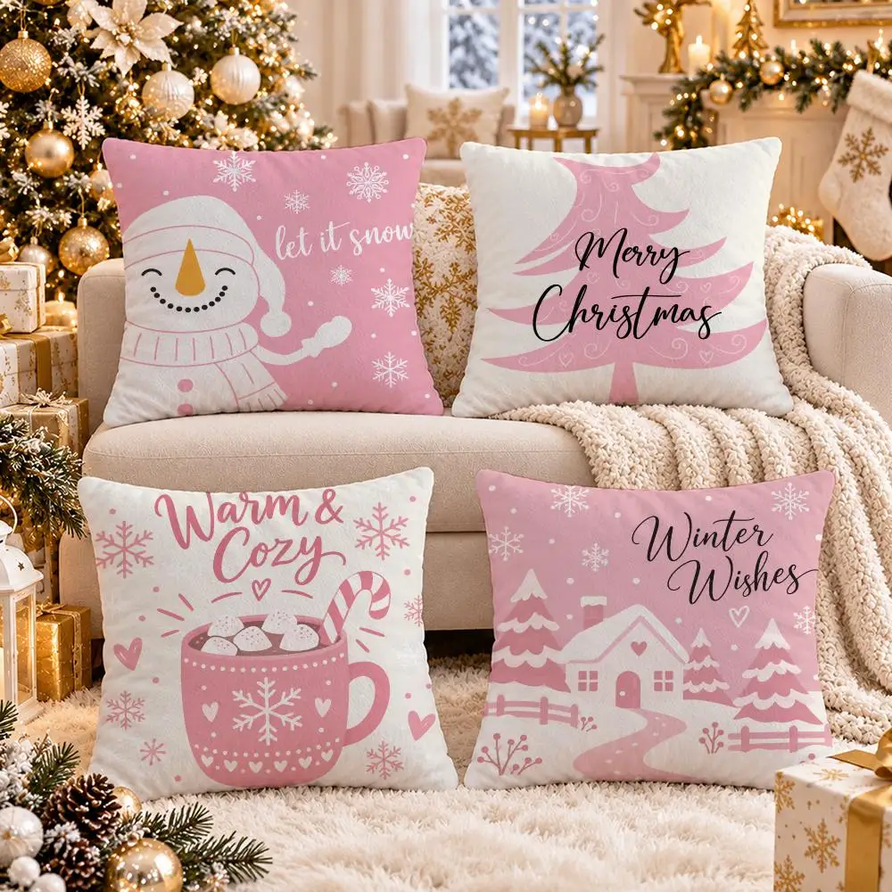 4PC Cute Pink Christmas Cushion Cover Soft Double-Sided Print Pillow Case Home Decor for Sofa Bed Bedroom Room Gift