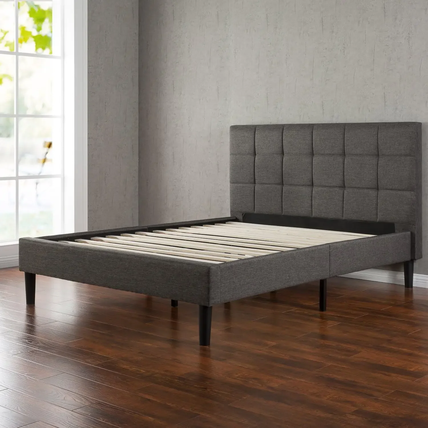 Lottie Upholstered Platform Bed Frame, Mattress Foundation, Wood Slat Support, No Box Spring Needed, Easy Assembly, Grey,