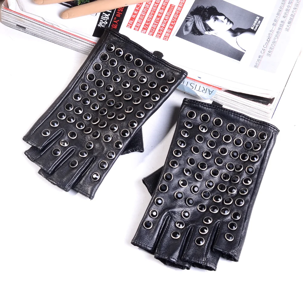 Women's Ladies 100% Real Leather Lambskin Fashion Half-Finger Fingerless Semi-finger Mitts Punk Rock Rivet Short Sports Gloves