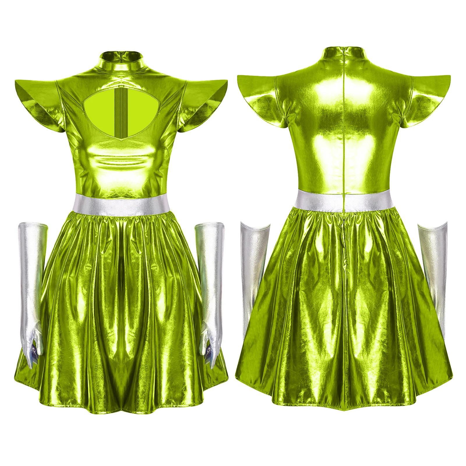 Volwassen Vrouwen Alien Outerspace Halloween Cosplay Kostuum Danskleding Mouwloze Space Cadet Maillots Jurk voor Future World Party