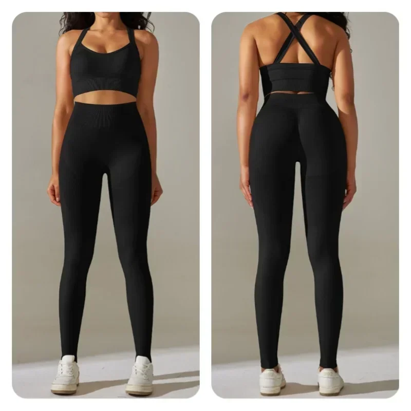 European and American Solid Color Seamless Knitted Cross Back Tight Yoga Suit Set for Sports Running and Fitness Cropped Pants