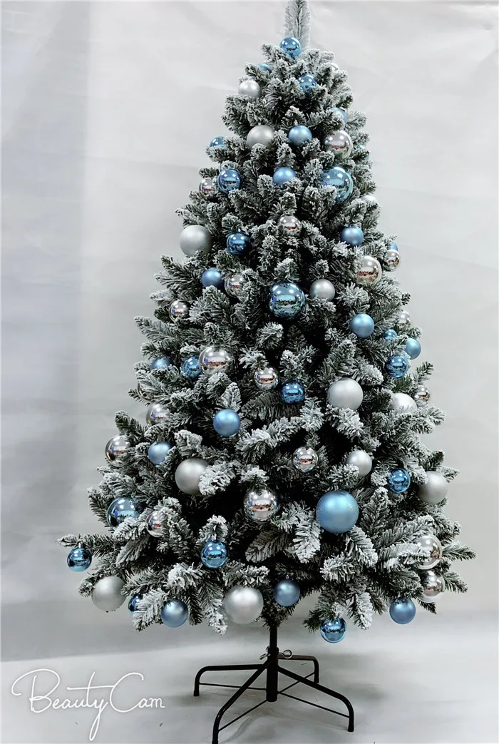 Christmas Tree Christmas Scene Counter Window Arrangement 180CM High Green Flocked Christmas Tree Blue And Silver With Lights