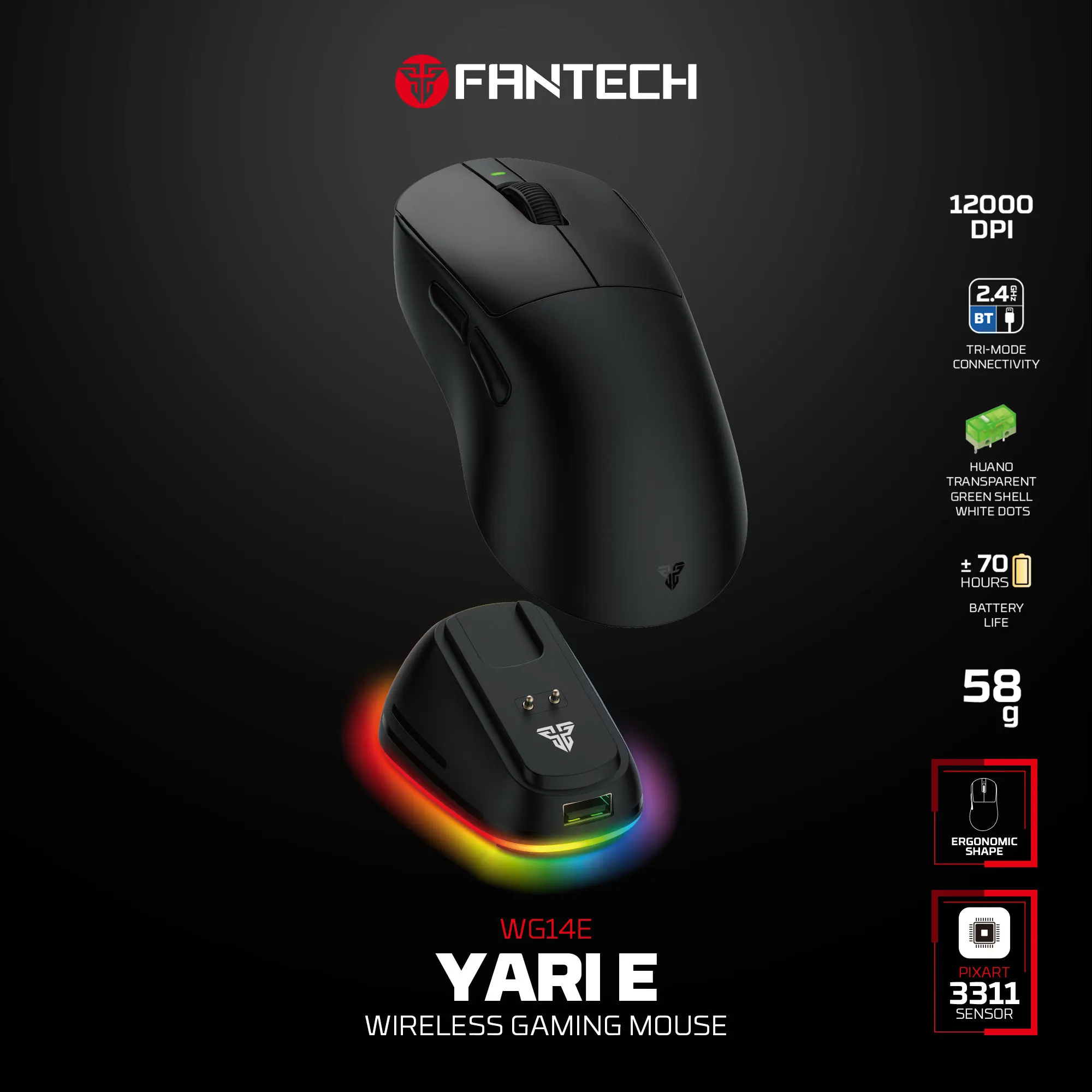 

Игровая мышь FANTECH YARI E WG14E с 70 часами работы, макросами, сенсором PAW3311, эргономичная, для правой руки, беспроводная, для ПК