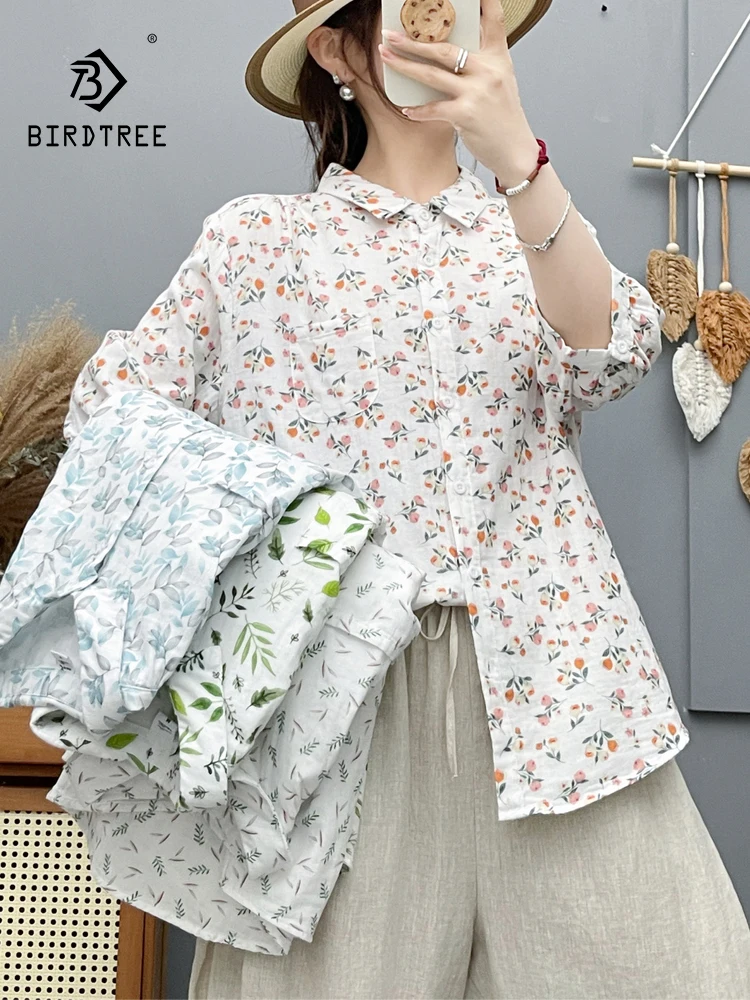 

Новая летняя женская блузка из хлопковой пряжи с рукавом 3/4, отложным воротником и принтом, в стиле Mori Girl, повседневная, тонкая, свободного кроя T64625CC