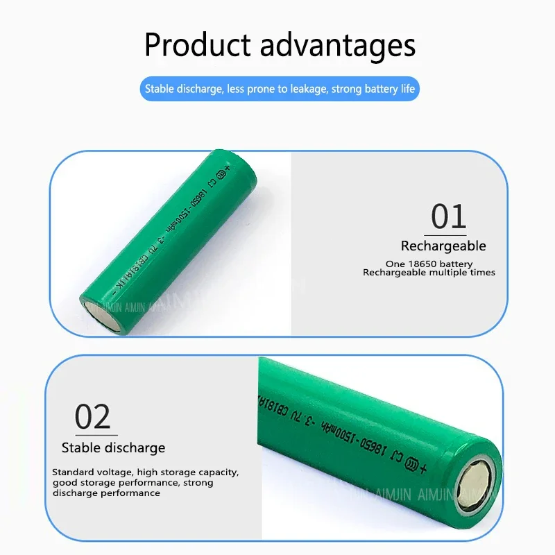 18650（Green skin）battery with large capacity 1500Mah 3.7V for Replace toy flashlight Li-Ion rechargeable battery, 10 batteries