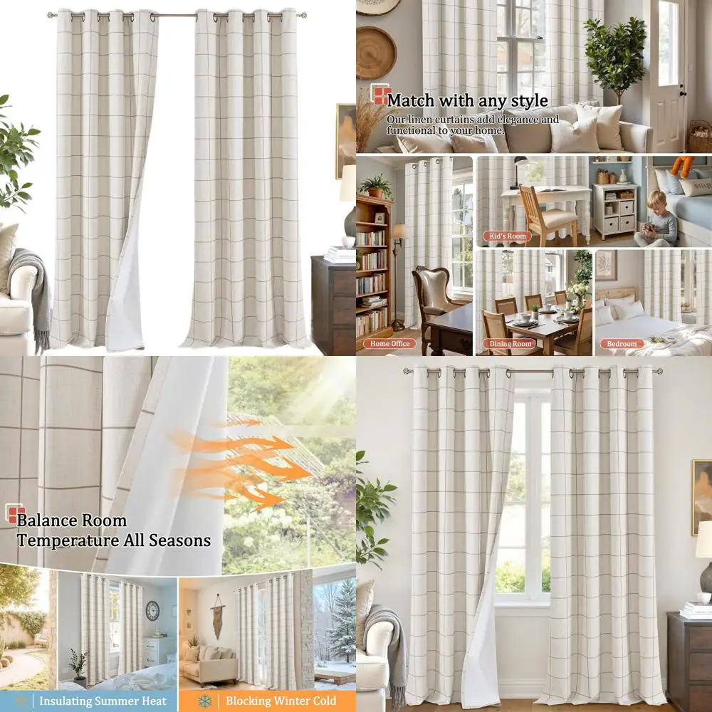 

Linen Blackout Curtains, 52x90, 2-Panel Boho Plaid Grommet Drapes for Living Room
