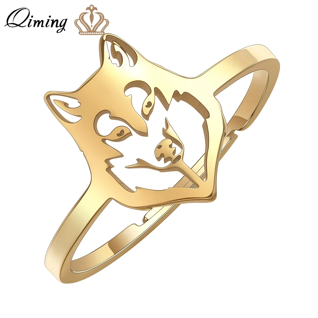 QIMING Animal Punk Men Finger Ring Viking Slavic Gothic Stainless Steel Jewelry Wolf Head For Women Vintage Rings Gift