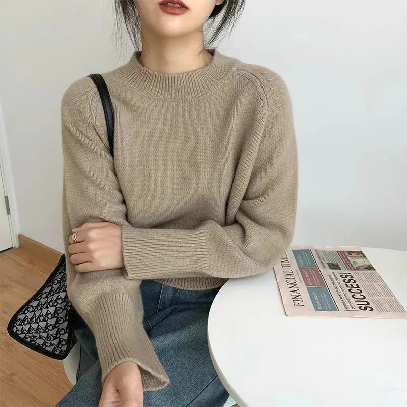 2024 new 100% pure wool retro sweater crewneck pullover short knitwear women\'s top trend