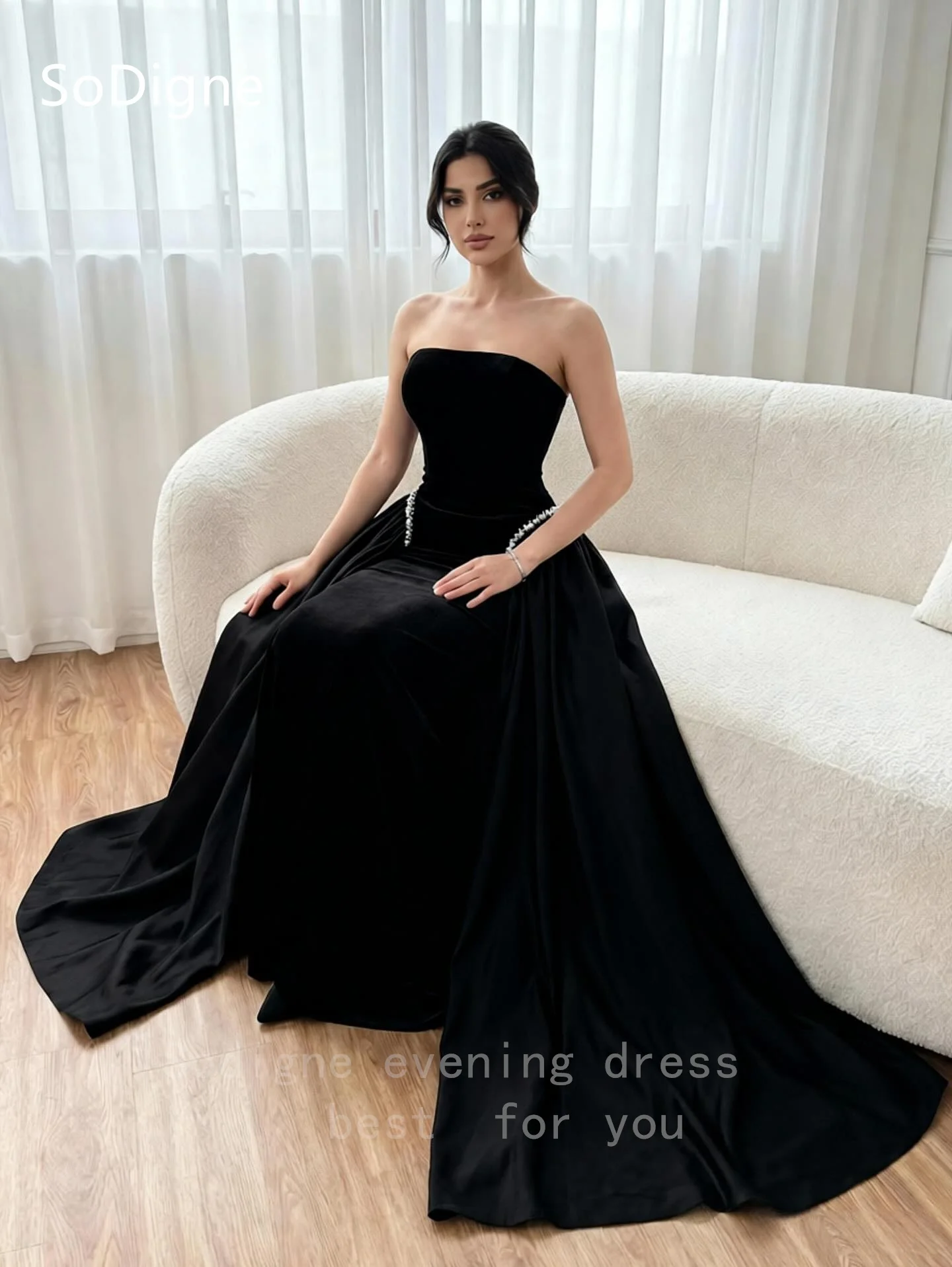 SoDigne Elegant Black Velvet Prom Dresses Strapless Sleeveless Pearls Party Dress A-Line Floor-Length Prom Gowns Customized