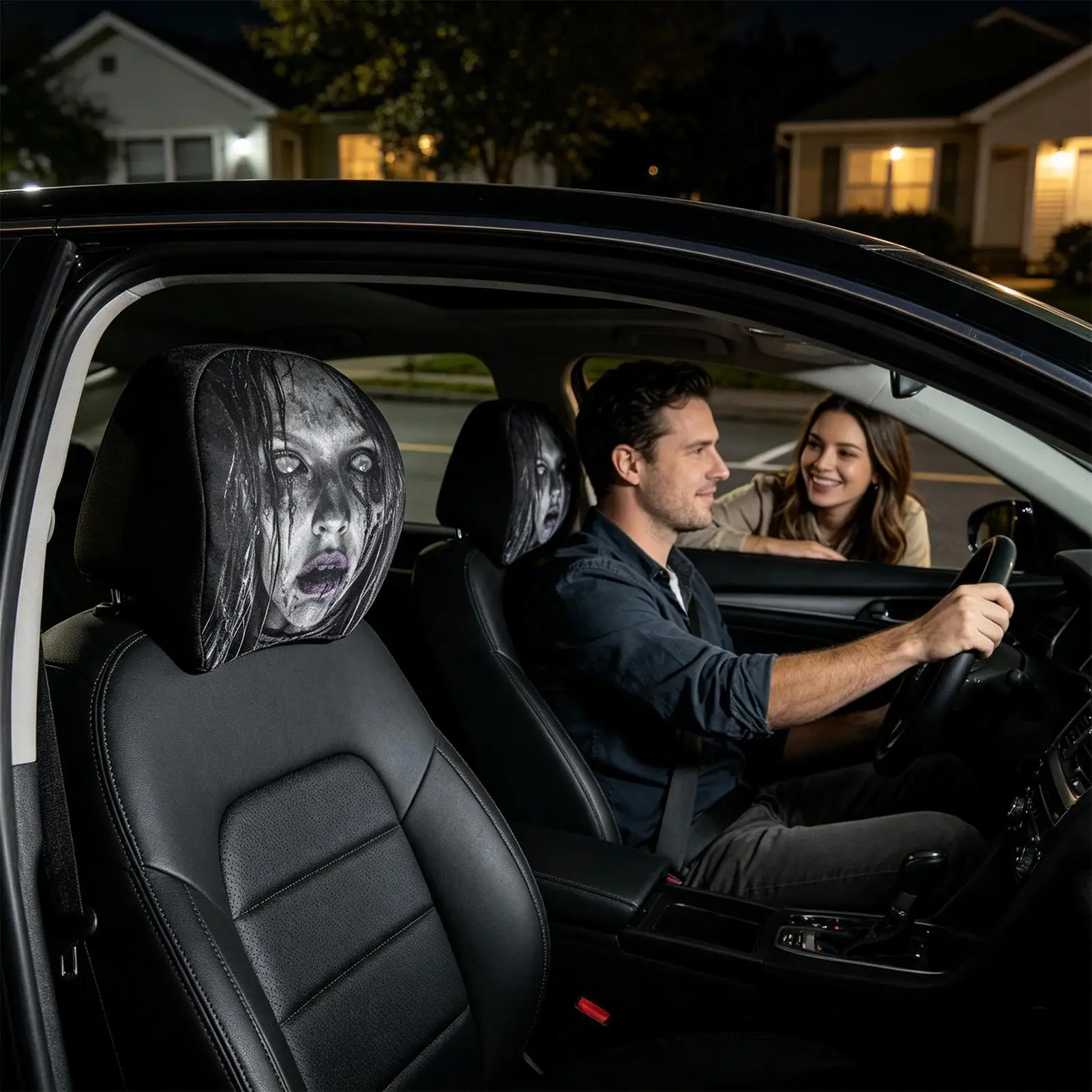2pcs Fun Face Printed Headrest Cover Comfortable Daily Car Seat Headrest Cover Halloween Car Interior Decoration
