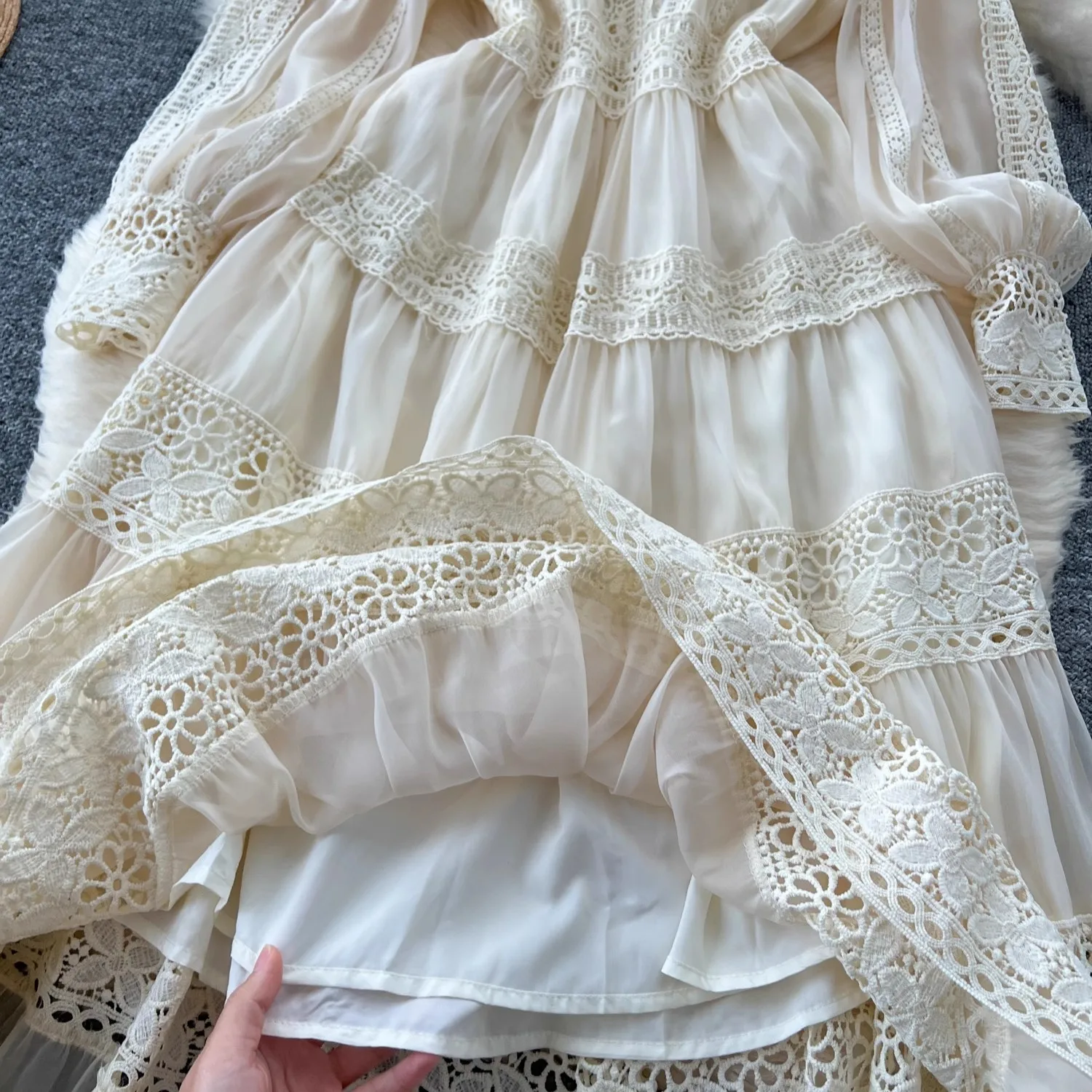 French Elegant Lace Embroidery Prom Long Dress Women's V Neck Lantern Sleeve High Waist Hollow Out Evening Party Robe Clothing