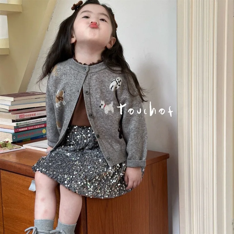 Korean Children Clothing 2024 Autumn New Korean Girls Cartoon Knitted Cardigan Coat Sequined Half Skirt