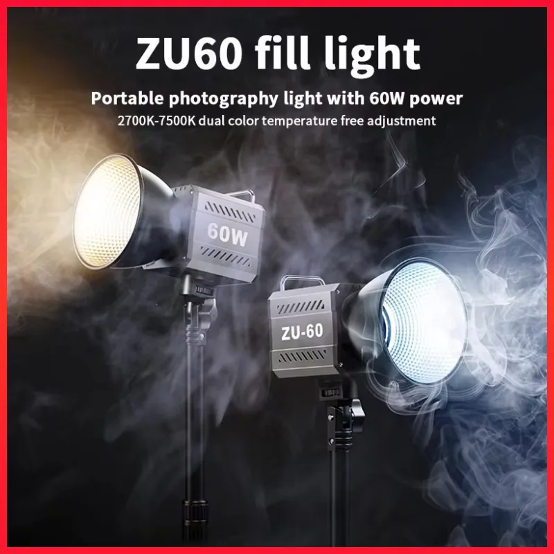 

60W COB Video Light CRI≥90 TLCI≥97 Continuous Output Lighting Dual Color Temperature 2700K-6500K Portable Bowens Live Light