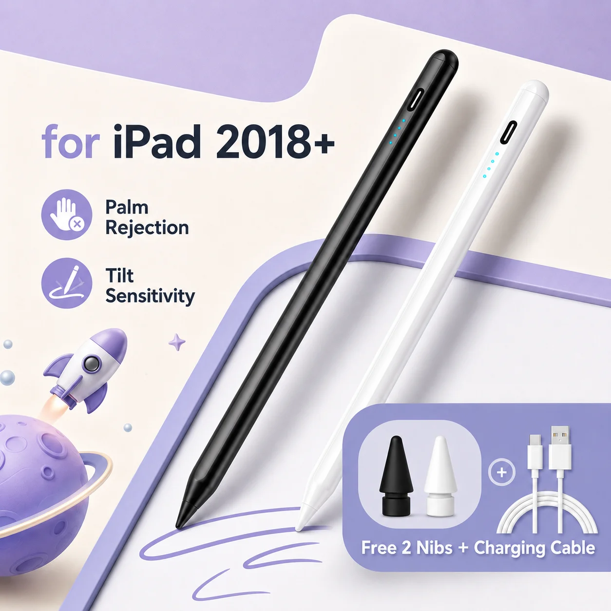 iPad Stylus Pen 2018-2026, Tilt Support, Palm Rejection, Long Lasting, 2 Spare Nibs