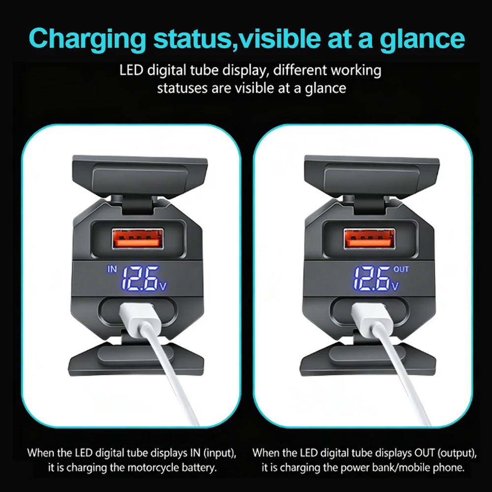 100W Bidirectional Emergency Motorcycle Battery Charger,PD+QC3.0 Dual Ports Phone Power Adapter Waterproof with Voltmeter Switch