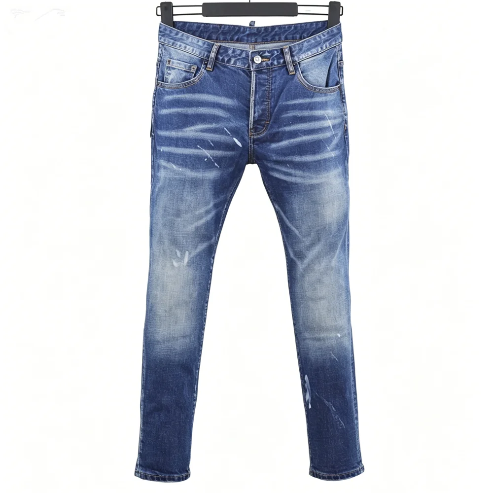 6020 New Men's Jeans Fashion Slim-fit Washed Ripped Paint Micro-elastic Feet Blue
