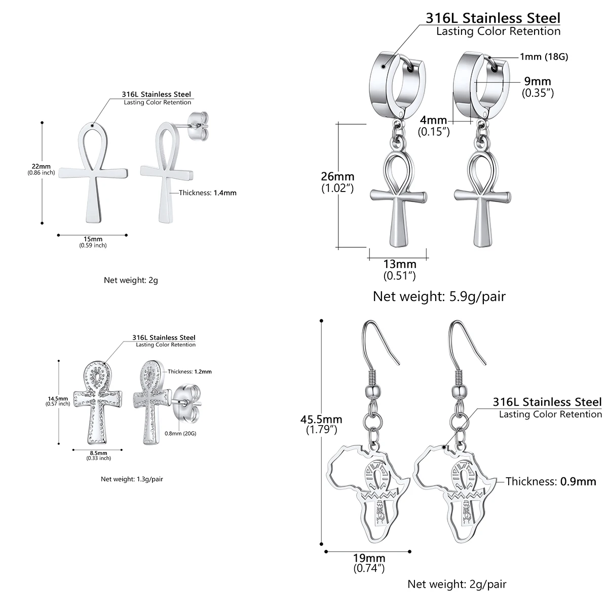 U7 الفولاذ المقاوم للصدأ عنخ الصليب أقراط للنساء رجل خمر نمط المصري مفتاح النيل الحياة رمز مجوهرات هدية E1004 QC24