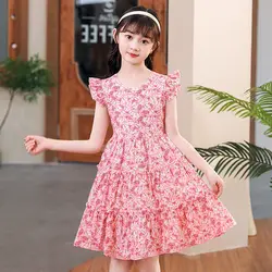 Vestido rosa de manga voladora para niñas, ropa floral de encaje, Falda plisada con hombros descubiertos, 5, 6, 7, 9, 10, 12 y 14 años, verano 2024