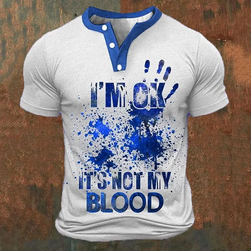 Funny 3D Letter Print Men's Henley Shirts Summer Street Clothing Fashion Loose Tees Casual Henry Collar Short Sleeve Button Tops view 2