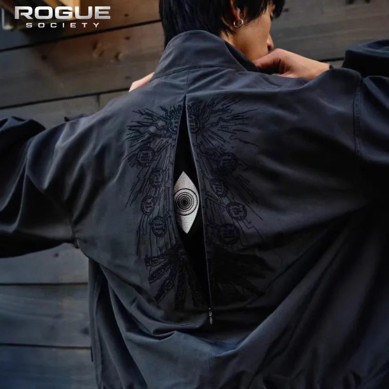 Oversized Casual Jacket with Decorative Details Trendy Black Patterned Embroidered Jacket Y2K Men and Womens Street Style Loose