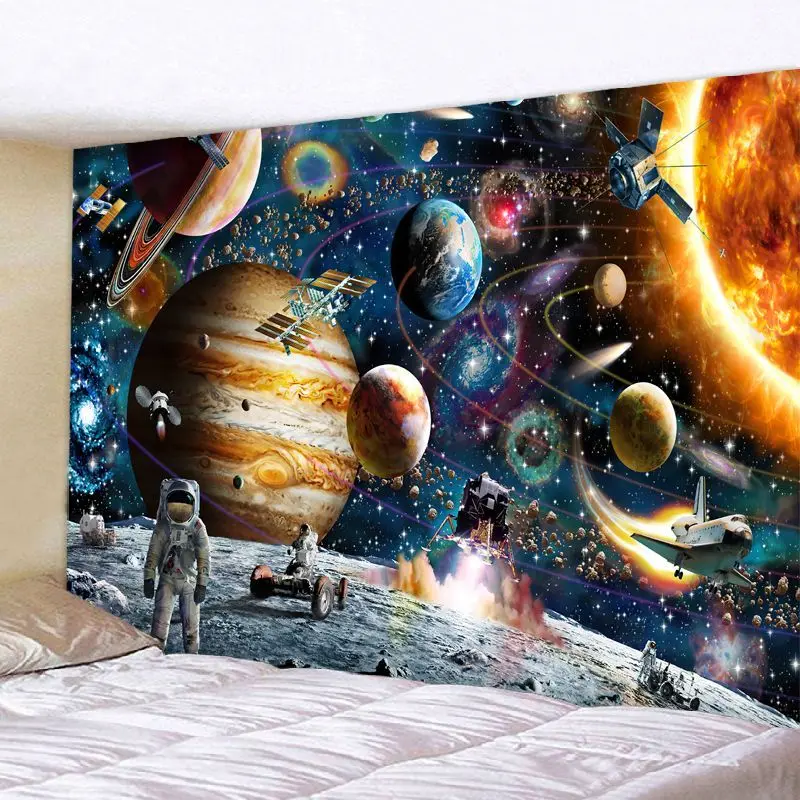 VIKAMA Space Astronaut Planet Tapestry Wall Art for Bedroom Living Room Decoration Solar System Space Planet Spacecraft Warm