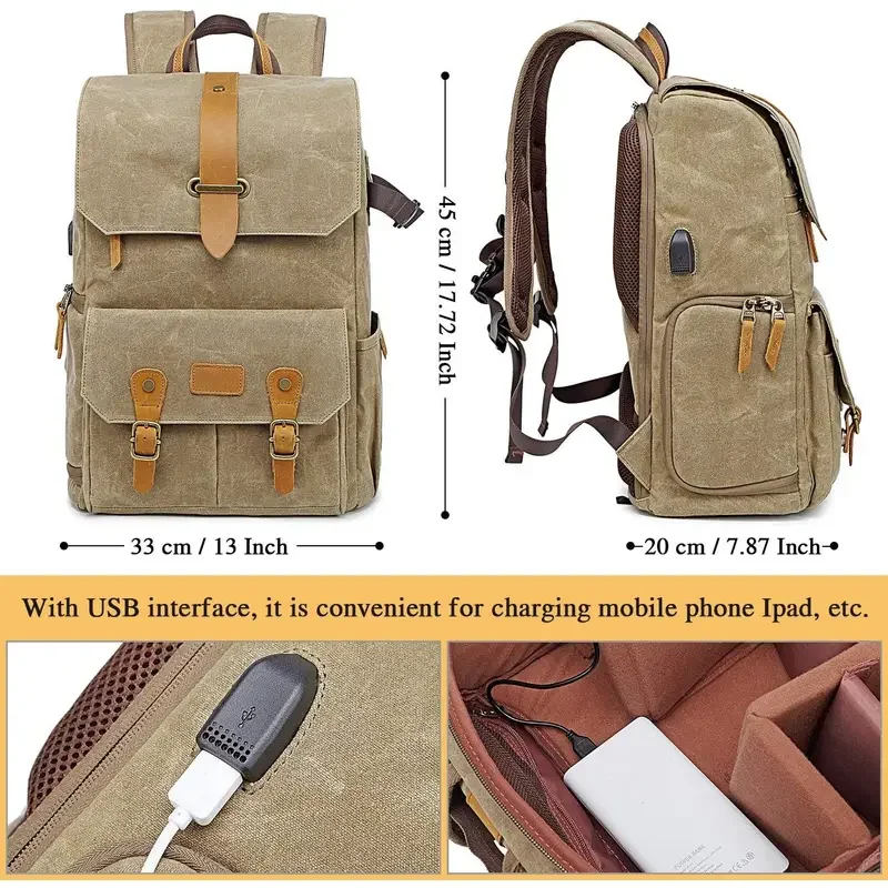 Kameratasche, wasserdichter Retro-Batik-Canvas-Rucksack mit USB-Anschluss, geeignet für 16-Zoll-Laptops, Herren-Kameratasche, Outdoor-Reisetasche.