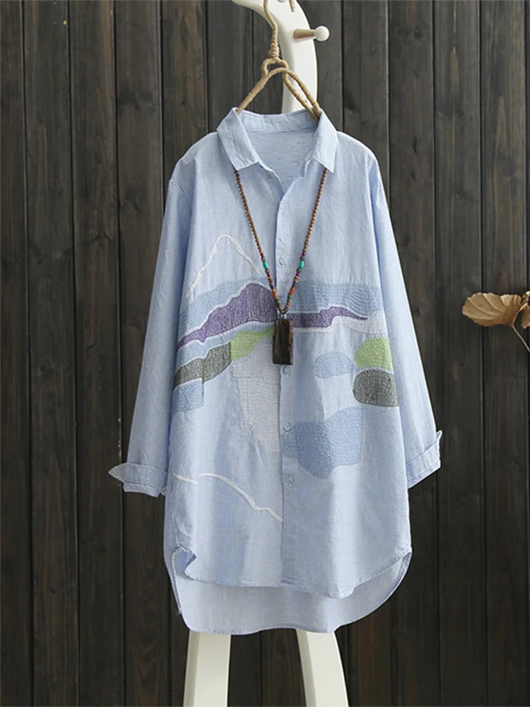 

Brand Tailored plus Size Women's Cotton Striped Embroidered irt Long Sve Autumn Ne Button up Loose Fit Commute Sle