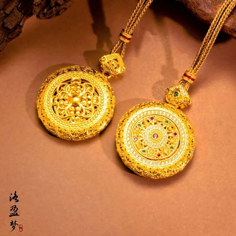 Copper Electroplated Gold Rotatable Colorful Diamond Filigree Ruyi Eight Treasures Compass Pendant Light Luxury Design Women's S