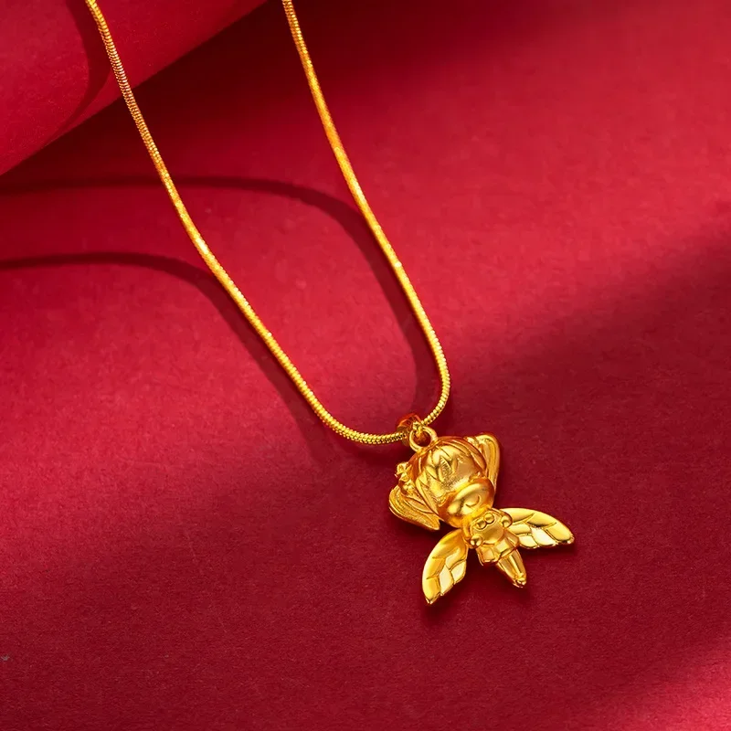 9999 Real Gold 24K Little Angel Necklace Sweet Cool Wind Angel Collarbone Chain Women's Pendant