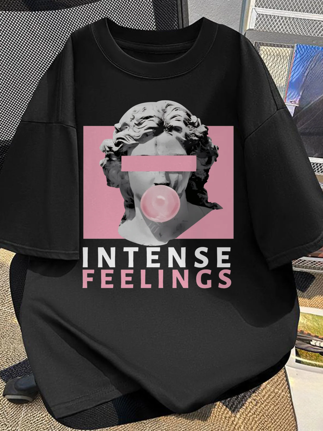 

Men's 100% Cotton Short Sleeve T-Shirt with "INTENSE FEELINGS" Sculpture Graphic Print - Streetwear Casual Round Neck Summer Tee