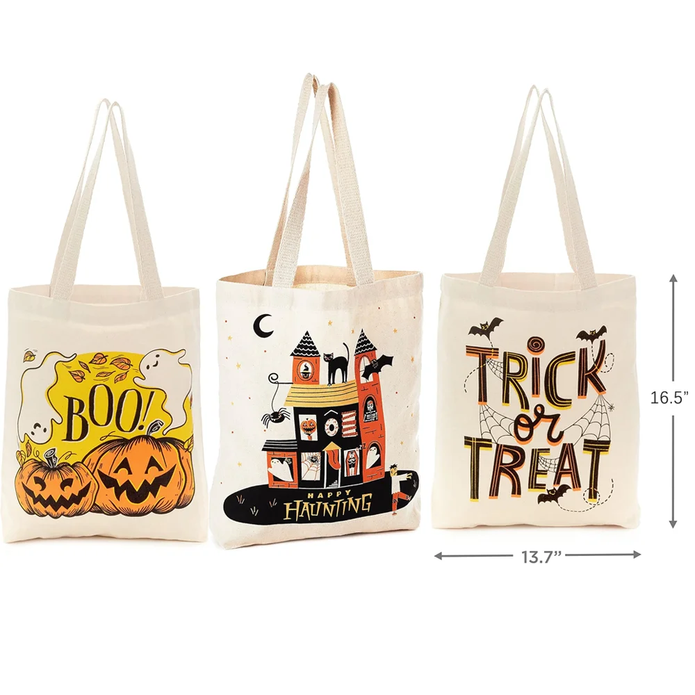 Large Halloween Trick or Treat Bats and Spiders Tote Bag Reusable Canvas Bag Trick or Treating Grocery Shopping Party Supplies