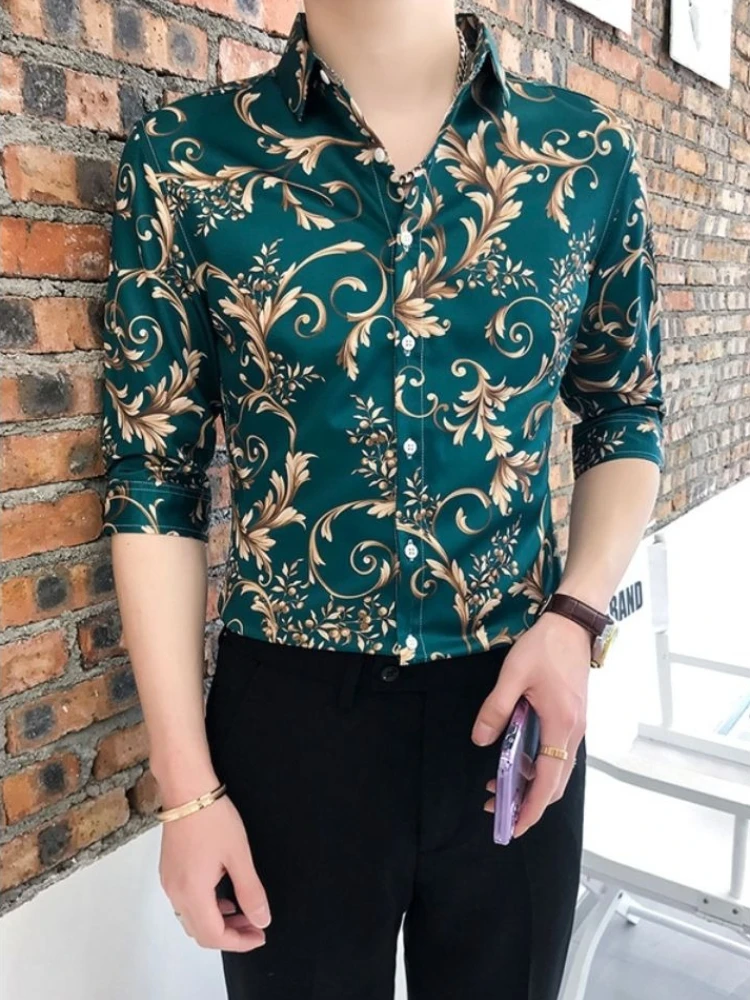 

Men's Floral Short Sleeve Shirt Summer Slim Fit Korean Style Casual Button Down Shirt 7/8 Sleeve Trendy Streetwear