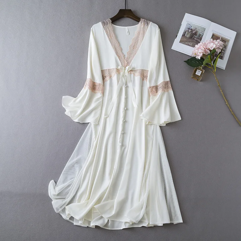 

Sexy Lace V-neck Nightgown Sleepwear Court Style Home Dressing Gown Female Long Pagoda Sleeve Bathrobe Satin Nightwear Dress