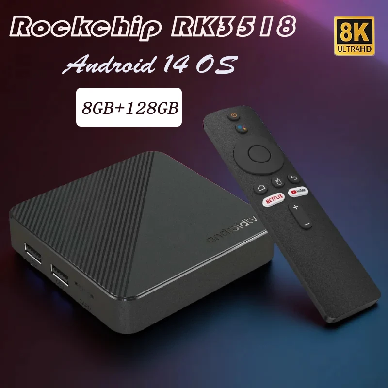 

ТВ-приставка Android 14 Rockchip RK3518 128 ГБ, 3D Ultra HD 8K, медиаплеер для умного домашнего кинотеатра, Google, Netflix, голосовой помощник, ТВ-бокс