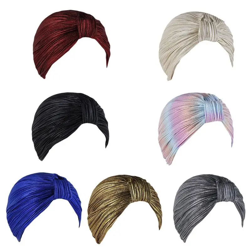 

Chemo for Head Scarf Hat Shiny Metallic Turban Headwear Women Stretch Muslim Pleated Knot Headscarf Hi Dropshipping